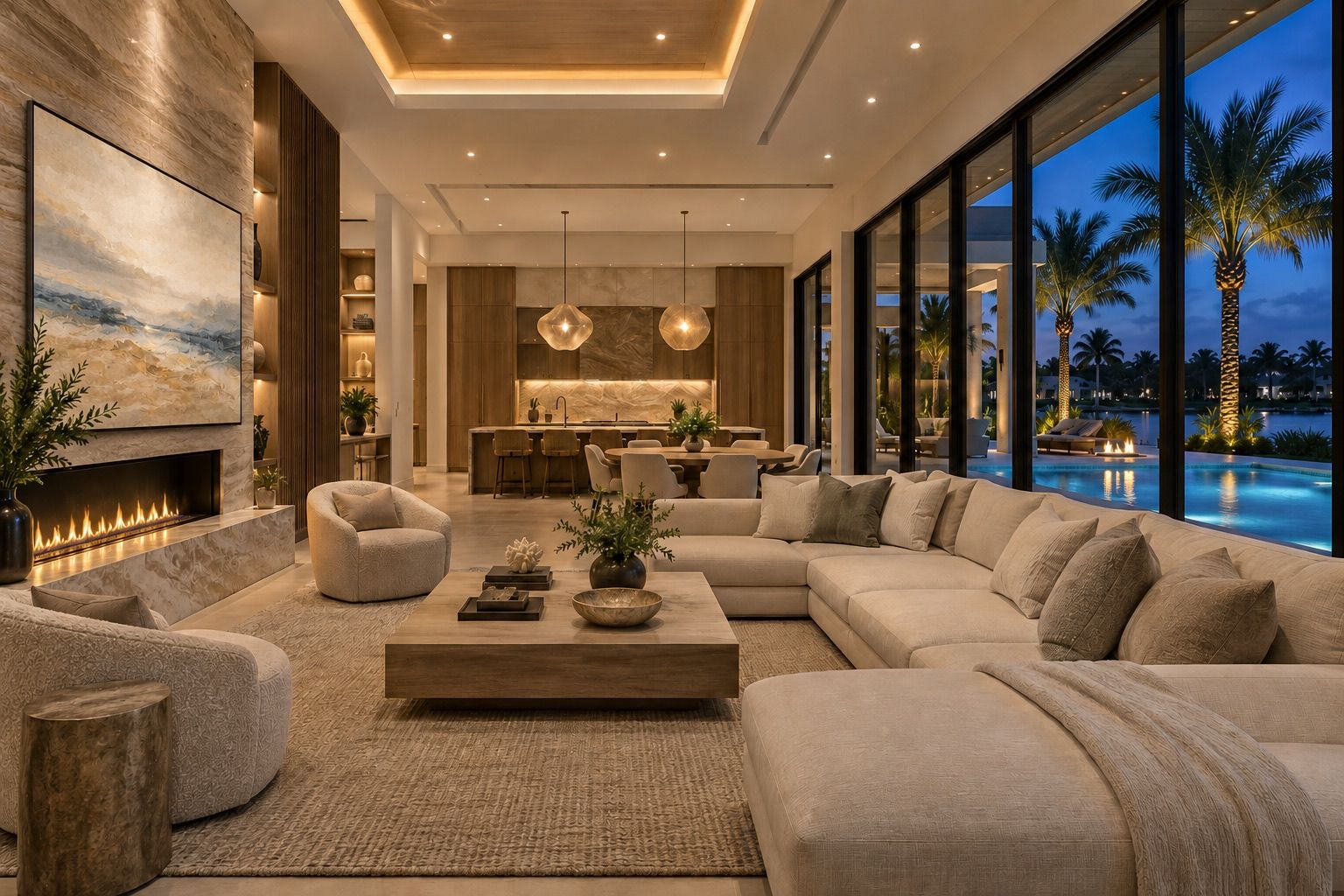 A video wall showing art above a fireplace in a Naples great room
