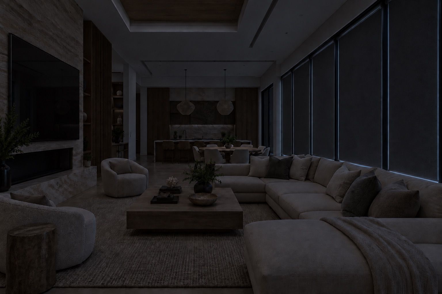The same great room dark for the night with every shade down and the video wall off