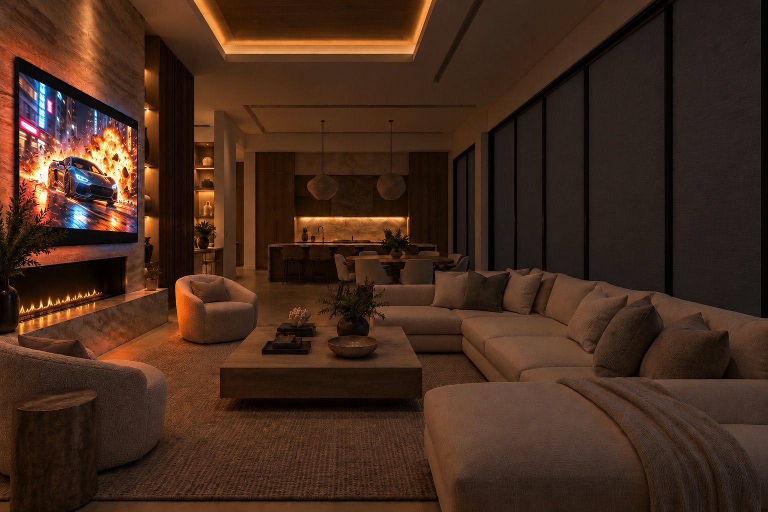 A great room video wall playing an action film with the lights dimmed