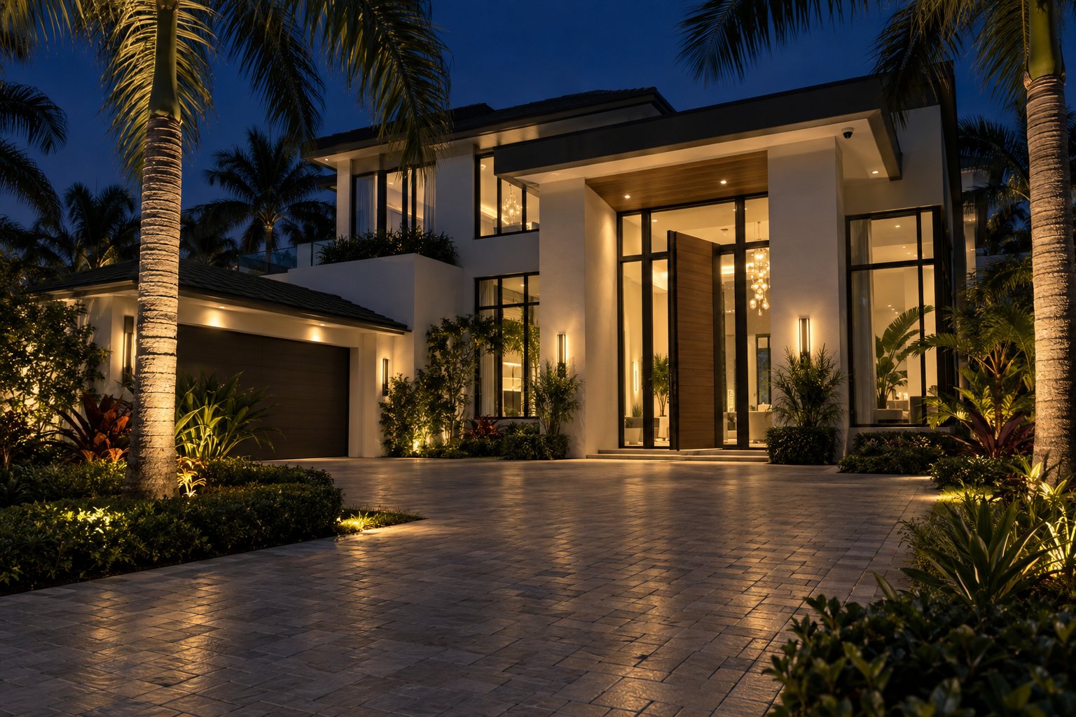 A modern home lit at night with landscape lighting on palm trees