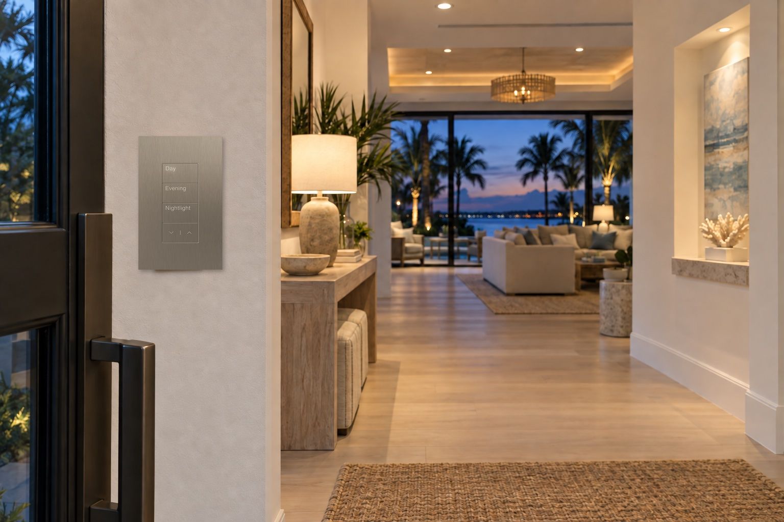 A brushed-nickel lighting keypad with Day, Evening and Nightlight buttons beside the front door of a coastal Naples home