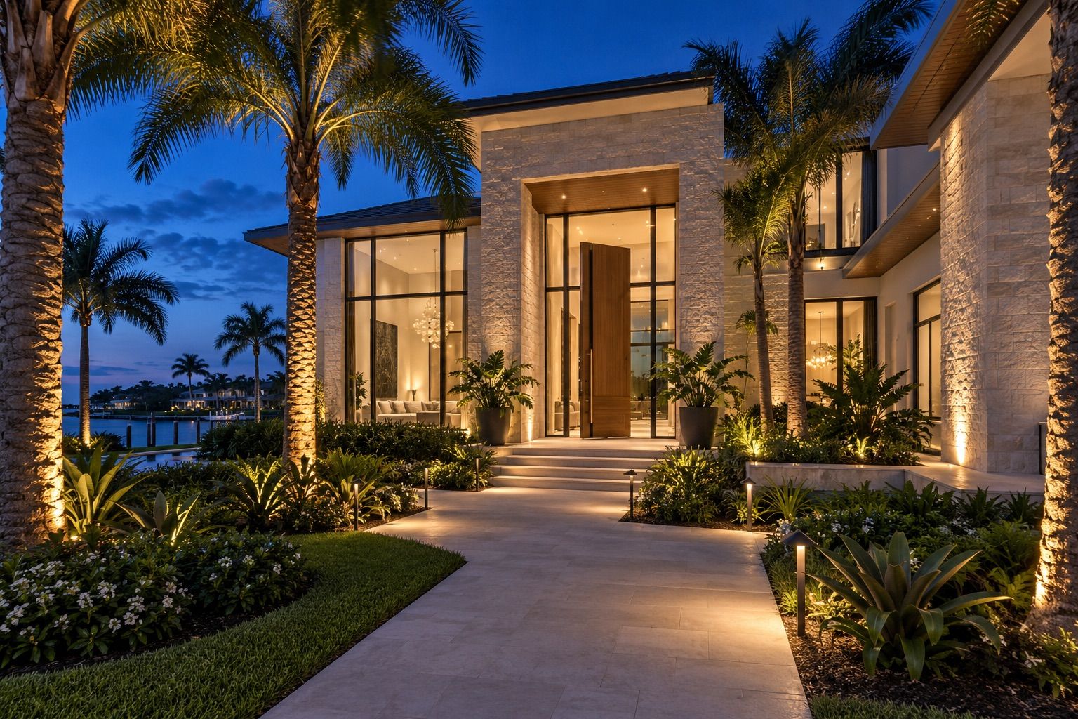 A Naples home at dusk with uplit palms, path lights and a softly lit limestone entry