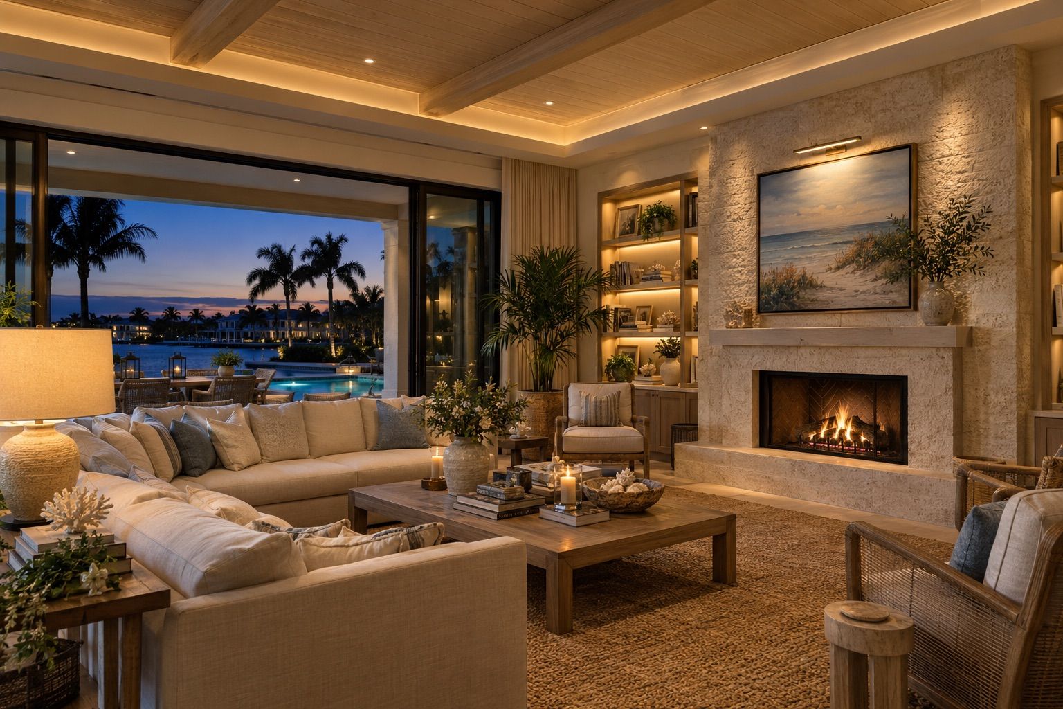 A Naples living room at dusk with cove, recessed, shelf, wall-wash and lamp lighting, and a lit pool beyond the palms
