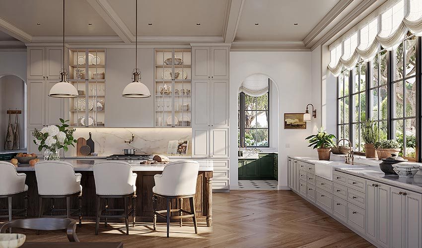 A kitchen with layered pendant, downlight and under-cabinet lighting