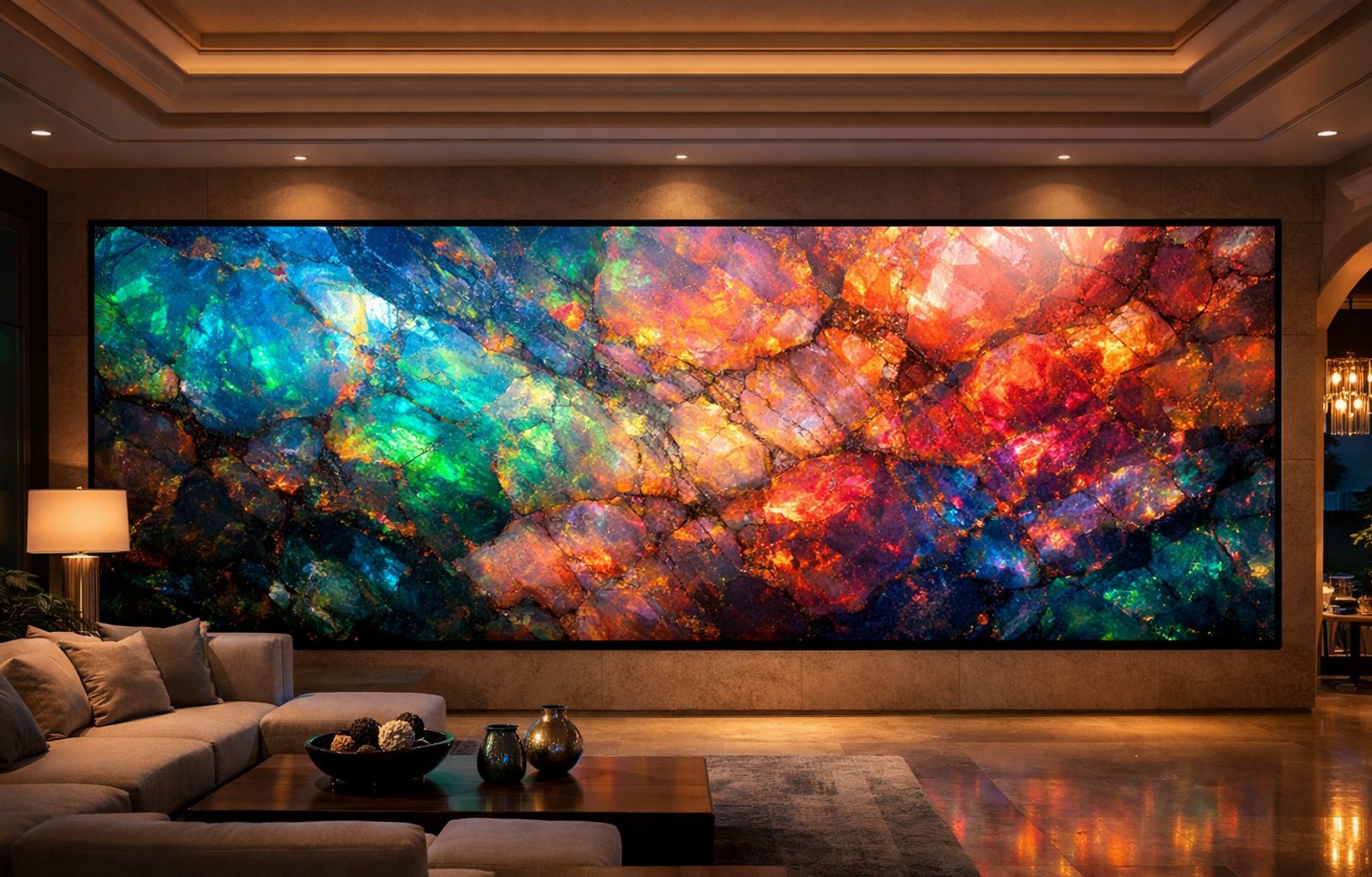 An Opal Screens video wall spanning a luxury living room