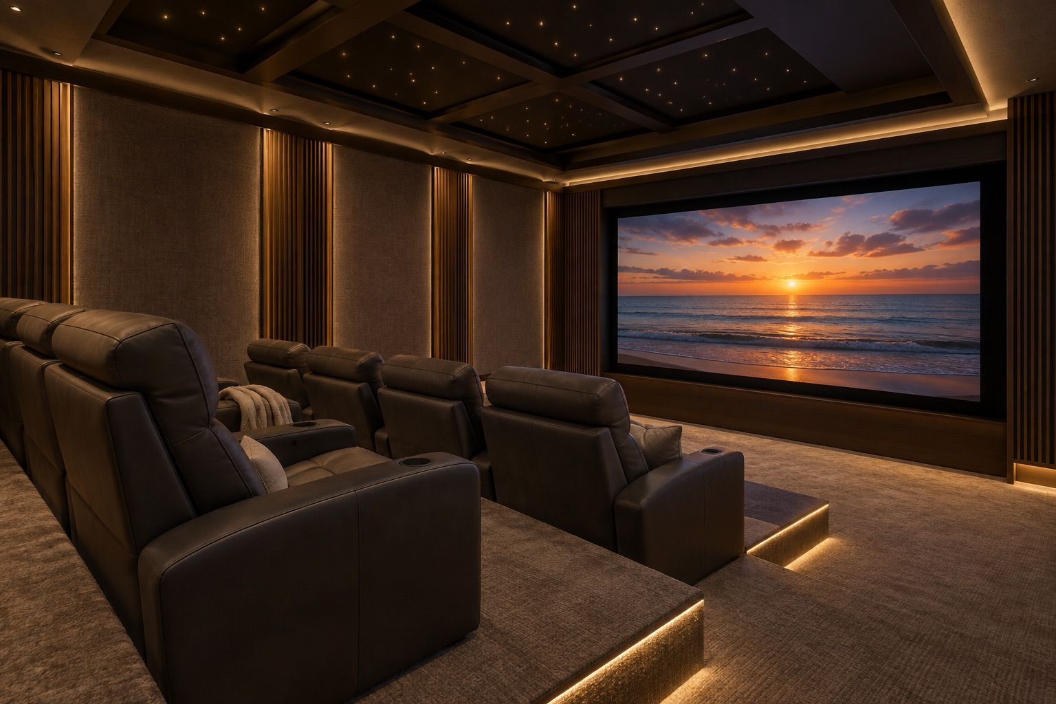 A private home cinema with tiered leather recliners facing a widescreen sunset