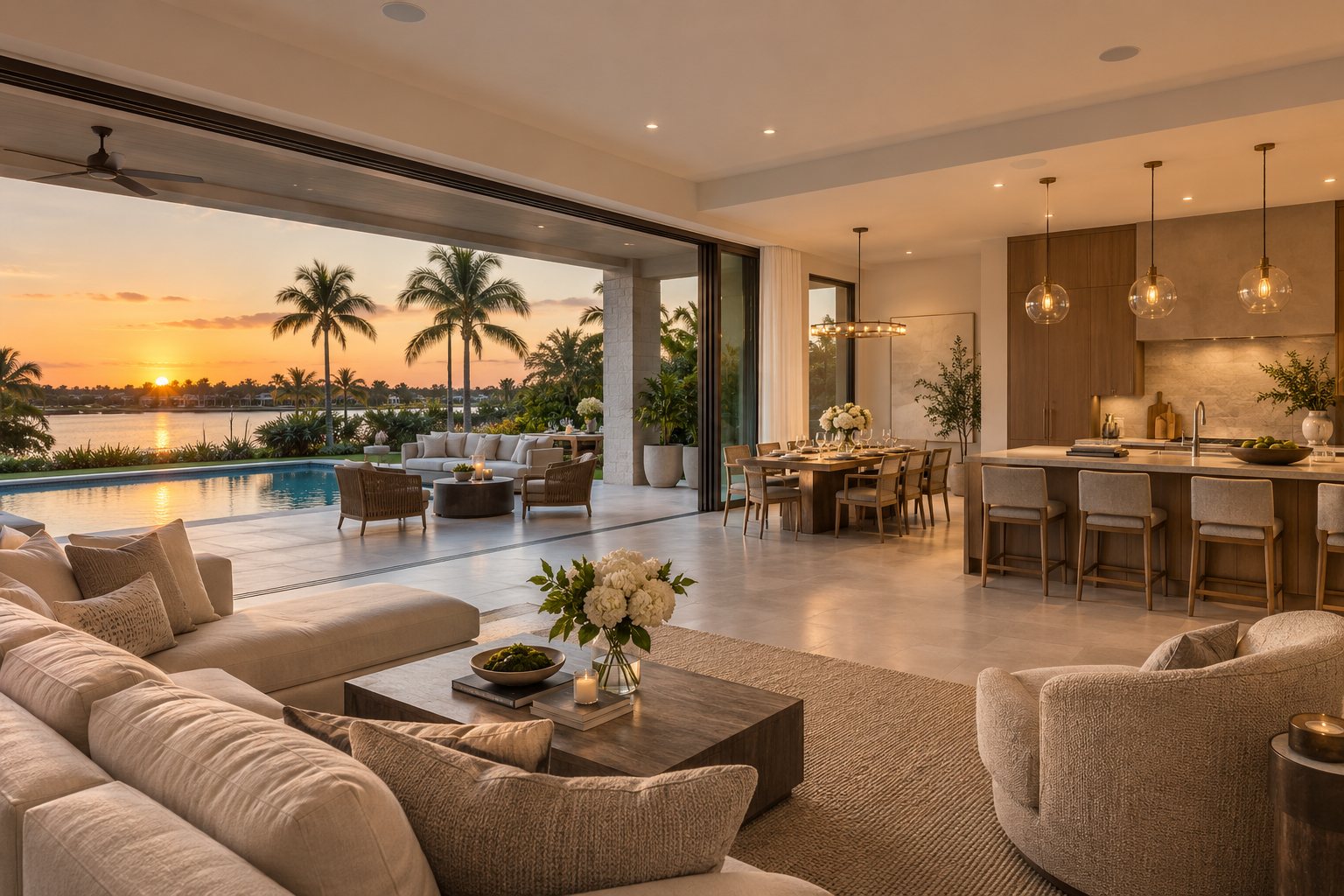A Naples great room opening to the lanai and pool at sunset
