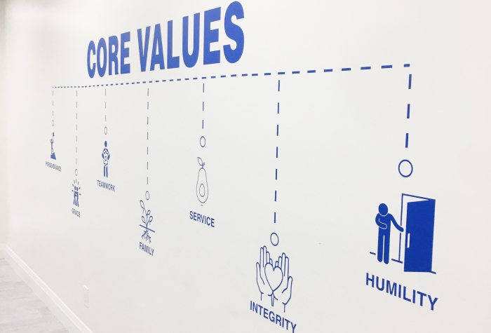 Gamma Tech Services core values printed on the wall
