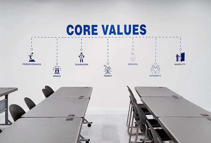 Gamma Tech Services core values printed on the wall