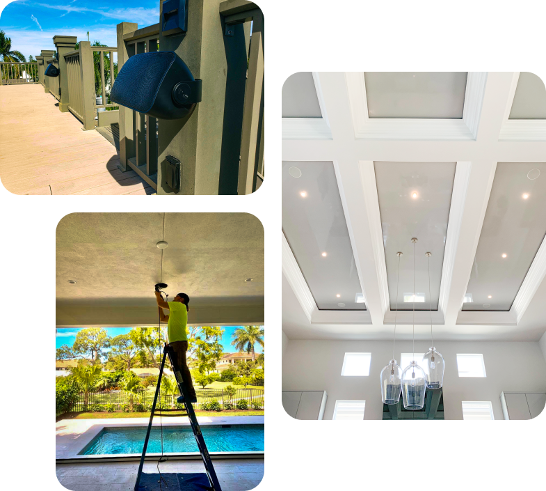 Collage of residential ceiling speakers installed by Gamma Tech Services