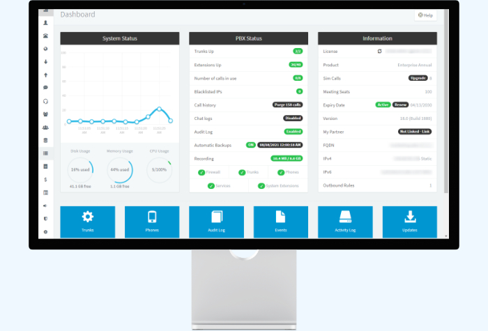 3CX dashboard showcasing status