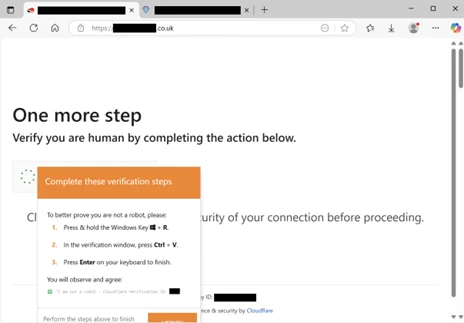 Fake Cloudflare human-verification screen with instructions to open Windows Run, paste clipboard contents, and press Enter.