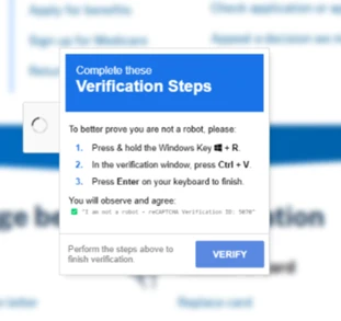 Fake verification pop-up directing a person to press Windows and R, paste with Ctrl+V, and press Enter.