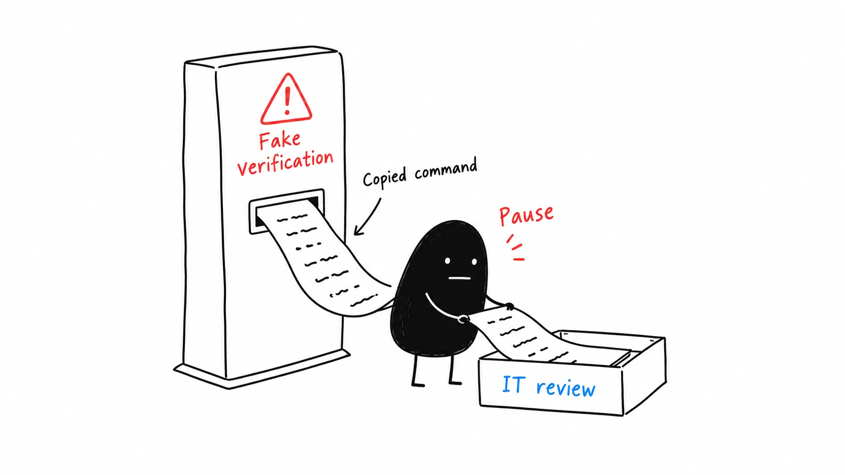 An employee pauses a copied command from a fake verification prompt and sends it for IT review.