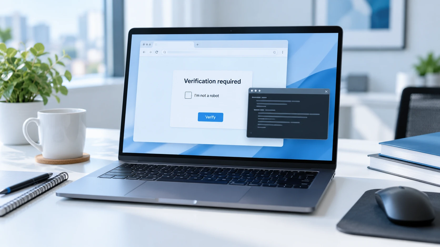 Laptop displaying a verification prompt beside a command window.