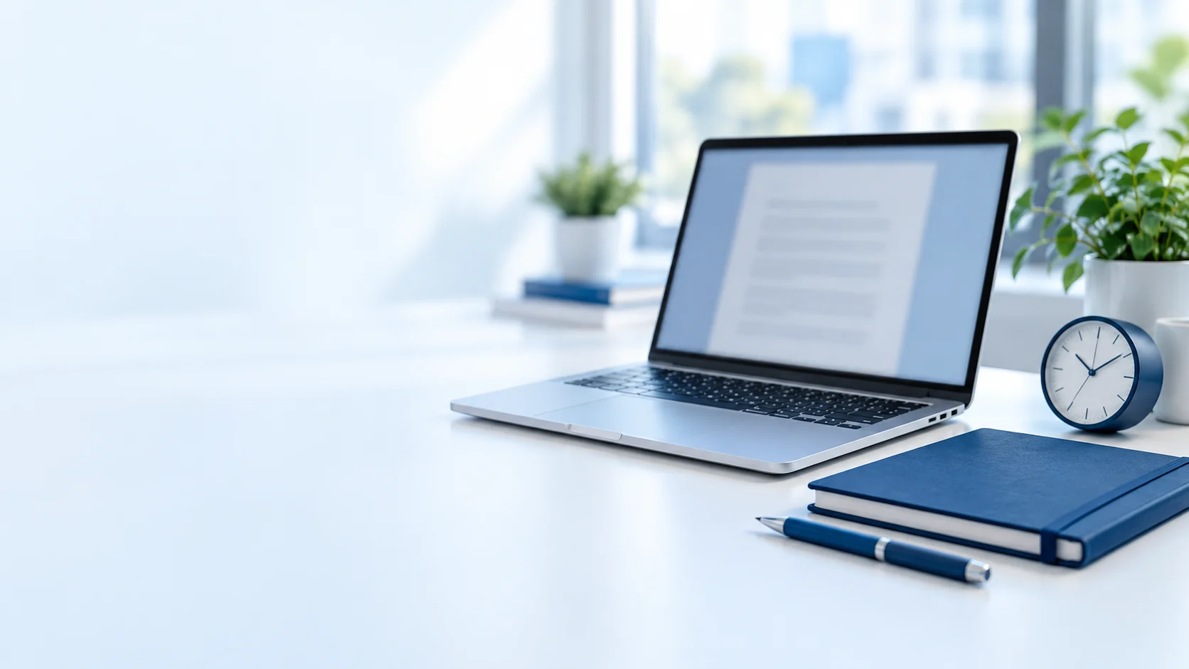 A bright business workspace with a laptop, notebook, and clock.