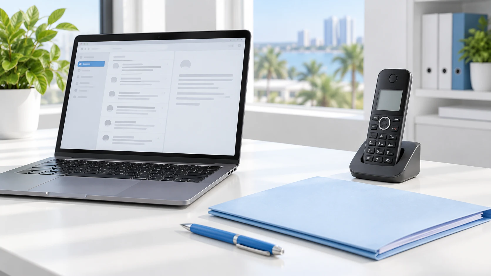 A bright business desk with a laptop, cordless telephone, and invoice folder.